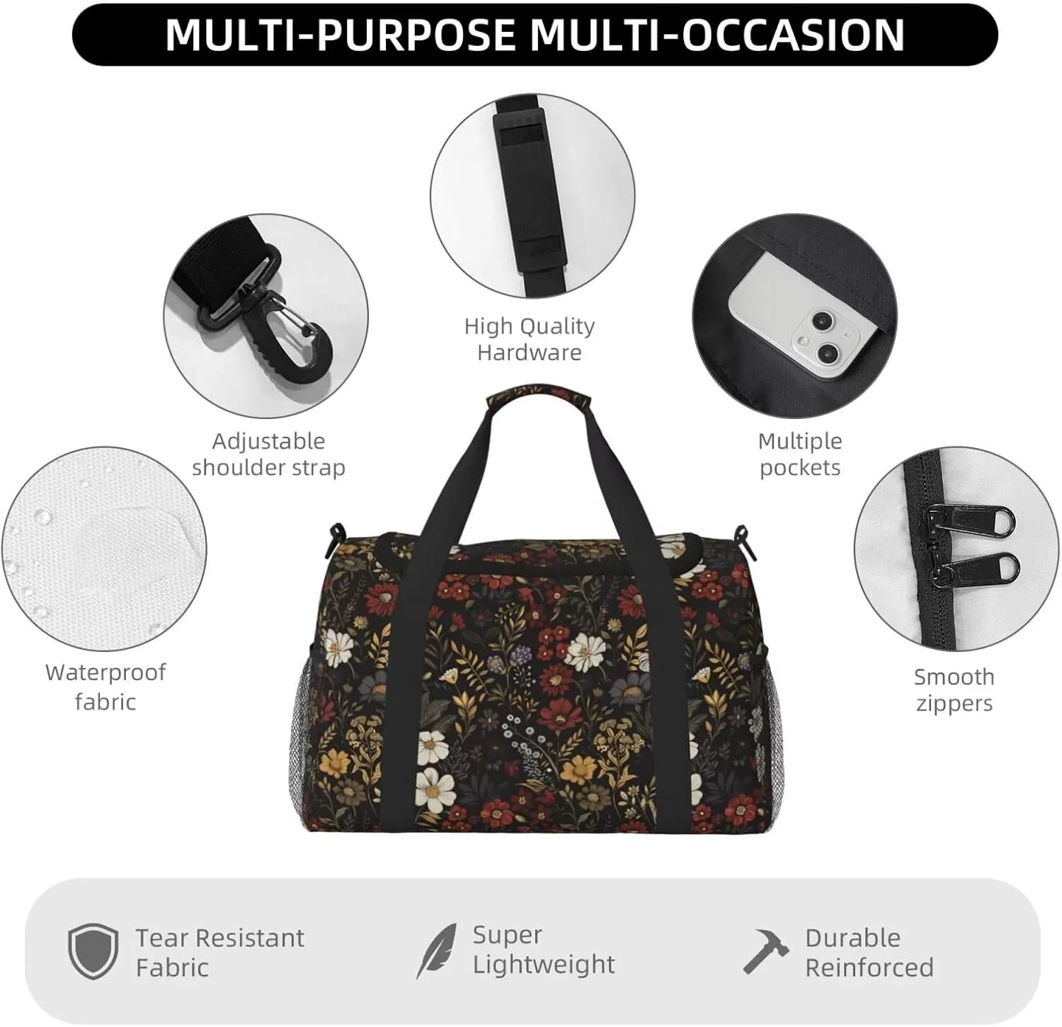 Gym Duffle Bag Flower Pink Red Sports Duffel Bags Travel Weekender Bag for Men Floral Boho Daisy Black Overnight Bag Retro Hippie Boho Brown Personal Item Bag