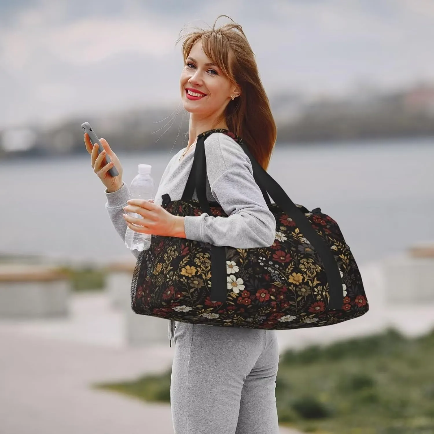 Gym Duffle Bag Flower Pink Red Sports Duffel Bags Travel Weekender Bag for Men Floral Boho Daisy Black Overnight Bag Retro Hippie Boho Brown Personal Item Bag