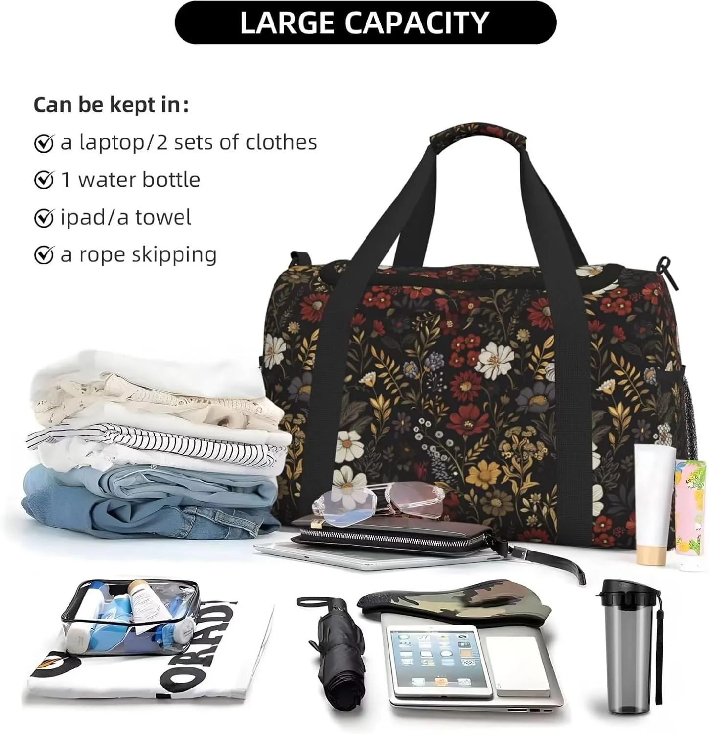 Gym Duffle Bag Flower Pink Red Sports Duffel Bags Travel Weekender Bag for Men Floral Boho Daisy Black Overnight Bag Retro Hippie Boho Brown Personal Item Bag