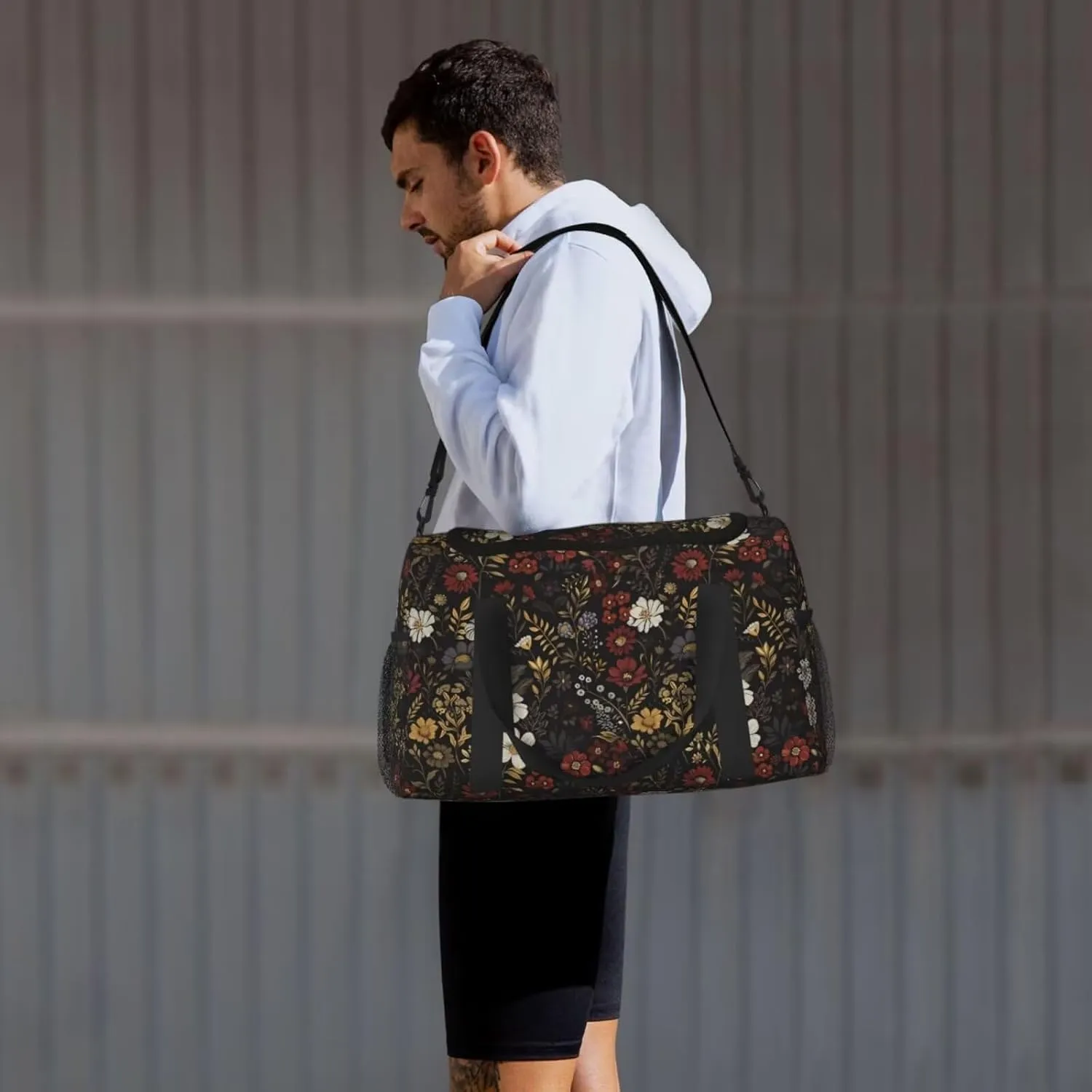 Gym Duffle Bag Flower Pink Red Sports Duffel Bags Travel Weekender Bag for Men Floral Boho Daisy Black Overnight Bag Retro Hippie Boho Brown Personal Item Bag