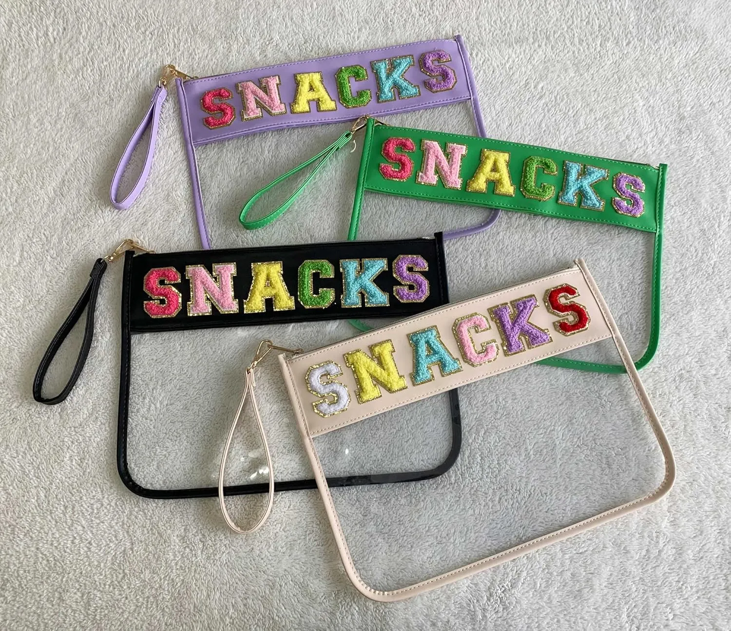 HAIBOLAN Monogram Clear Stadium Purse Bag Chenille Letter Travel Patch Pouch Snack Makeup Wristlet
