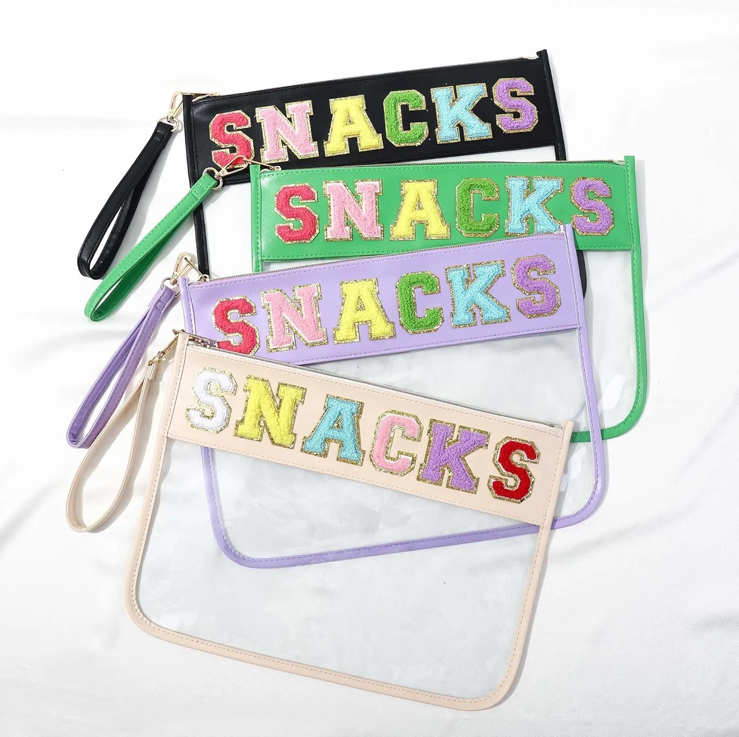 HAIBOLAN Monogram Clear Stadium Purse Bag Chenille Letter Travel Patch Pouch Snack Makeup Wristlet