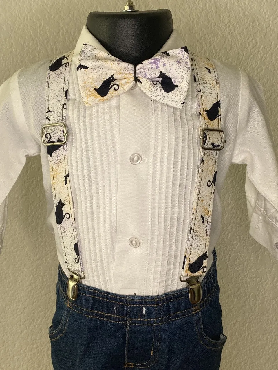 Halloween Black Cat suspenders and bow tie / Infant, Toddler, Child, Teen, Adult, Big & Tall