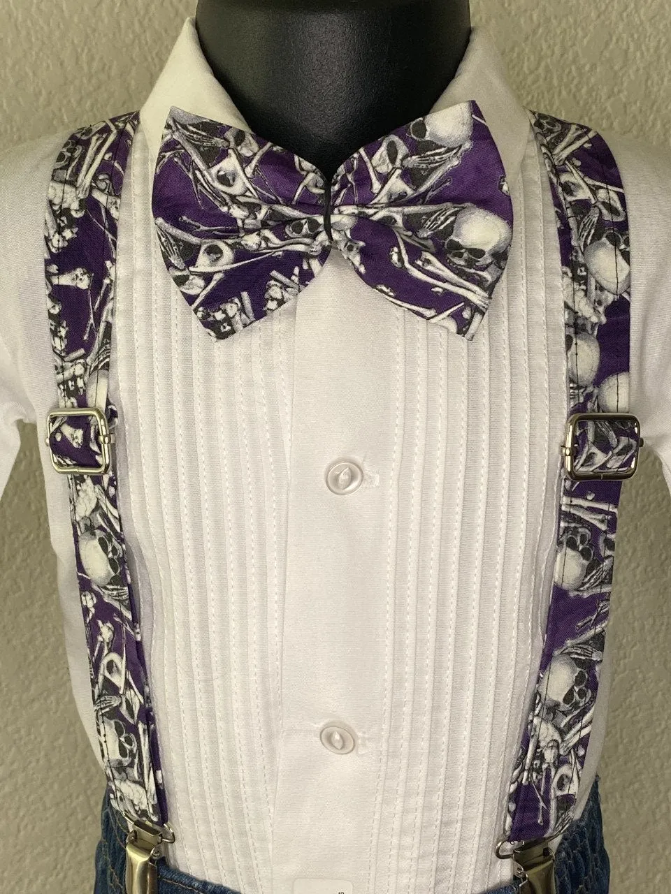 Halloween Skeleton Skull Purple suspenders and bow tie / Infant, Toddler, Child, Teen, Adult, Big & Tall
