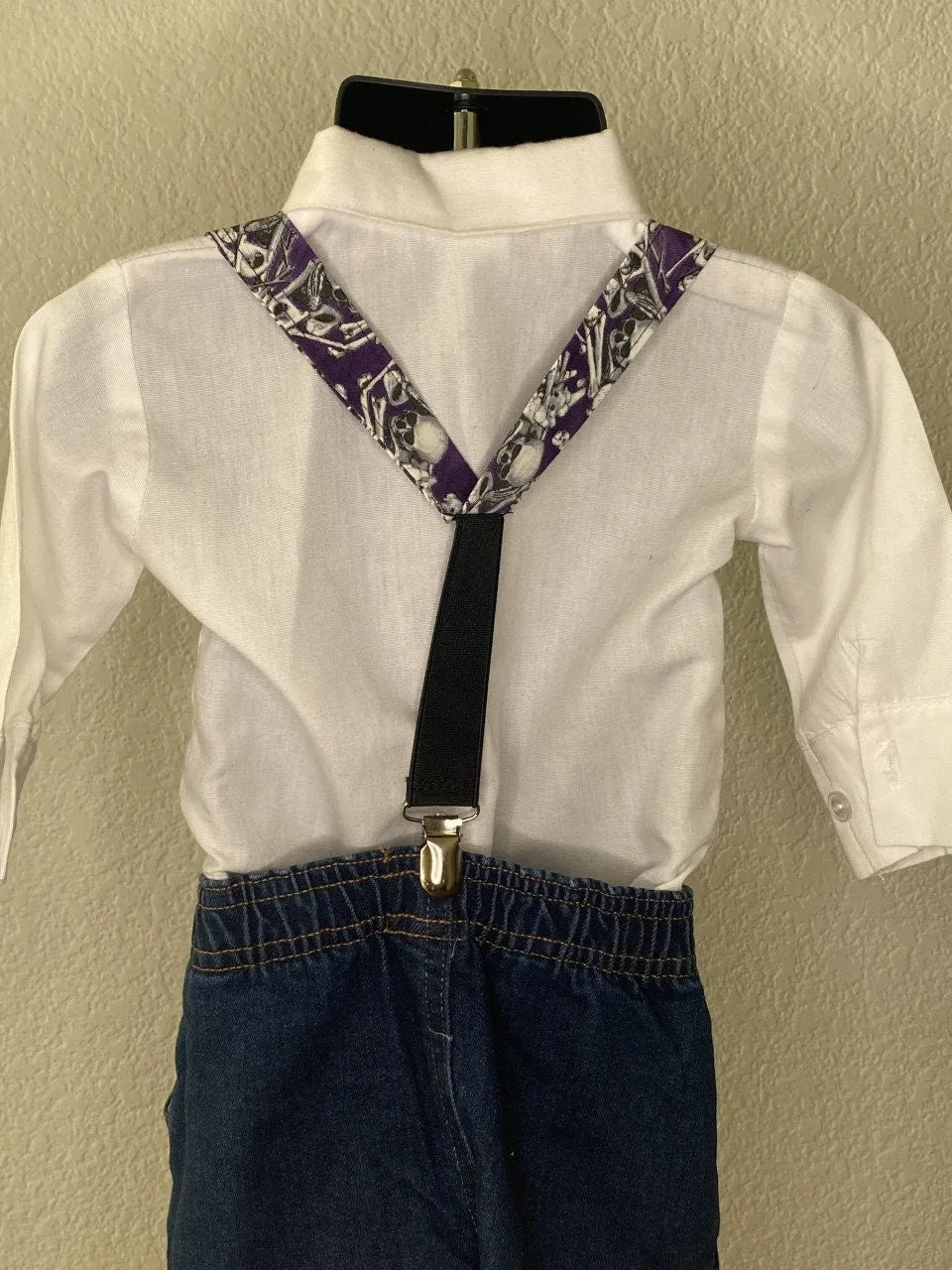 Halloween Skeleton Skull Purple suspenders and bow tie / Infant, Toddler, Child, Teen, Adult, Big & Tall