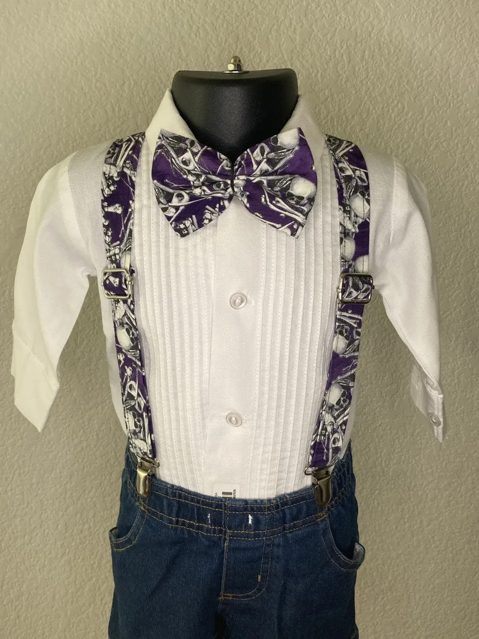 Halloween Skeleton Skull Purple suspenders and bow tie / Infant, Toddler, Child, Teen, Adult, Big & Tall