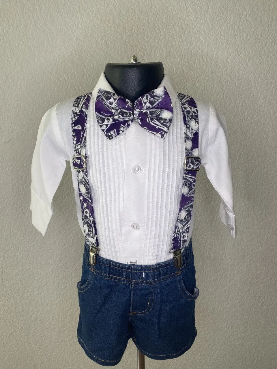 Halloween Skeleton Skull Purple suspenders and bow tie / Infant, Toddler, Child, Teen, Adult, Big & Tall