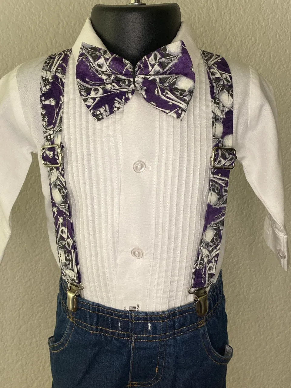 Halloween Skeleton Skull Purple suspenders and bow tie / Infant, Toddler, Child, Teen, Adult, Big & Tall