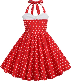 Halter Pinup Dresses for Girls 50s Pin up Dress Girls Retro Dress 1950s Vintage Dress Kids A line Party 50's Polka Dot Dress