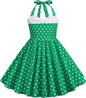 Halter Pinup Dresses for Girls 50s Pin up Dress Girls Retro Dress 1950s Vintage Dress Kids A line Party 50's Polka Dot Dress