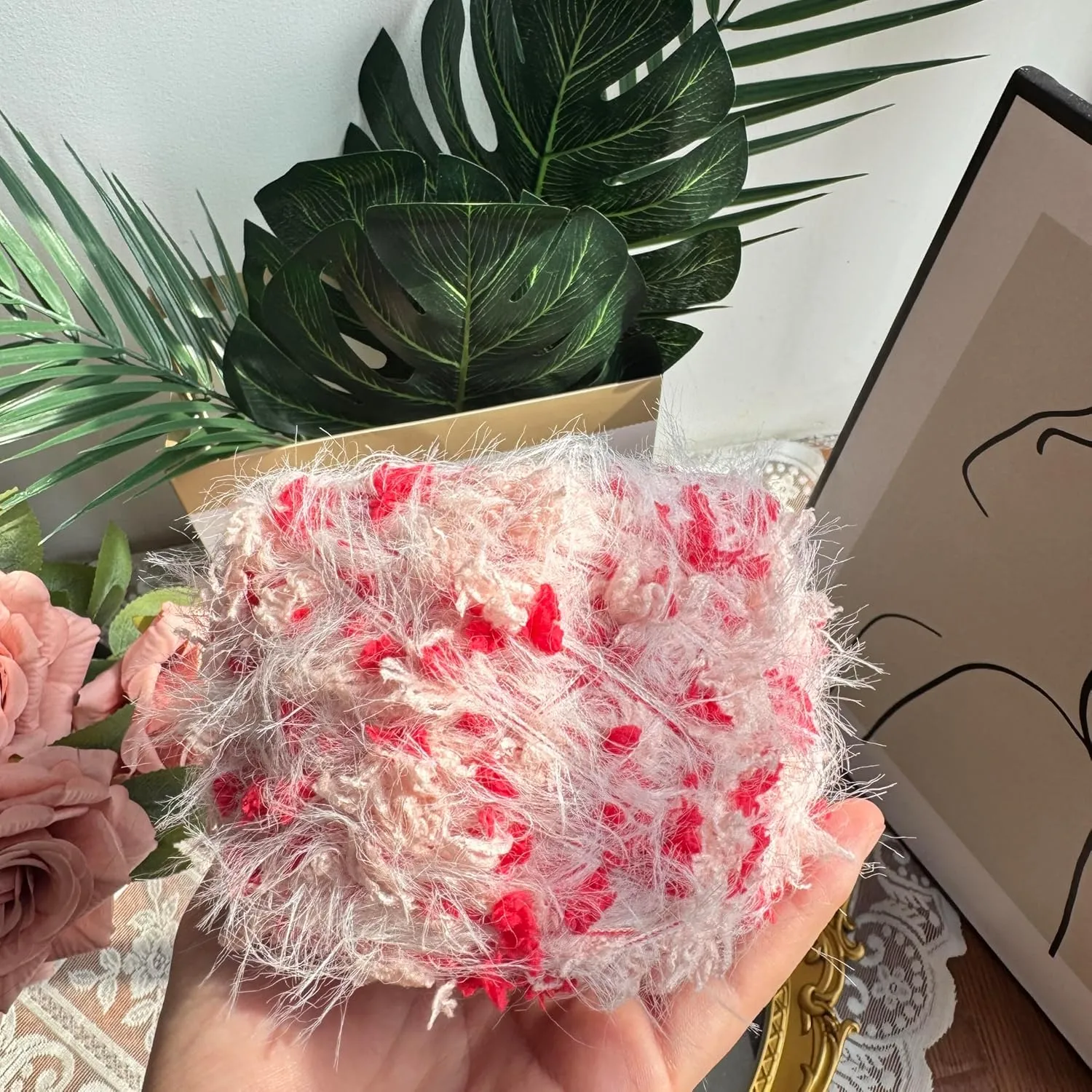 Hand Spun Yarn 50g/Skein Wool Cotton Mohair Acrylic with Hand Art Yarn Blended Yarn Colorful Handmade Knit Bag Hats Scarves (Red, 4 Pack of 50g/Skein)
