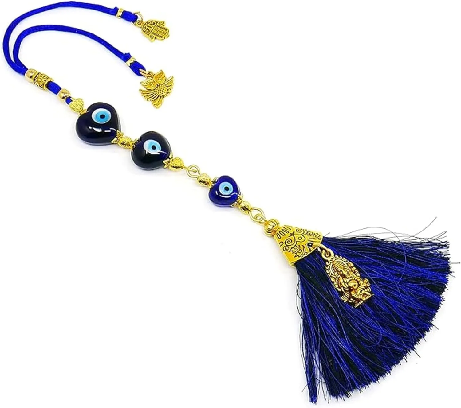 Handmade 3 Heart Evil Eye Tassel Hanging – Blue Protection Charm for Car & Bags – with Sacred OM & Ganesha Charms (Cotton/Polyester)
