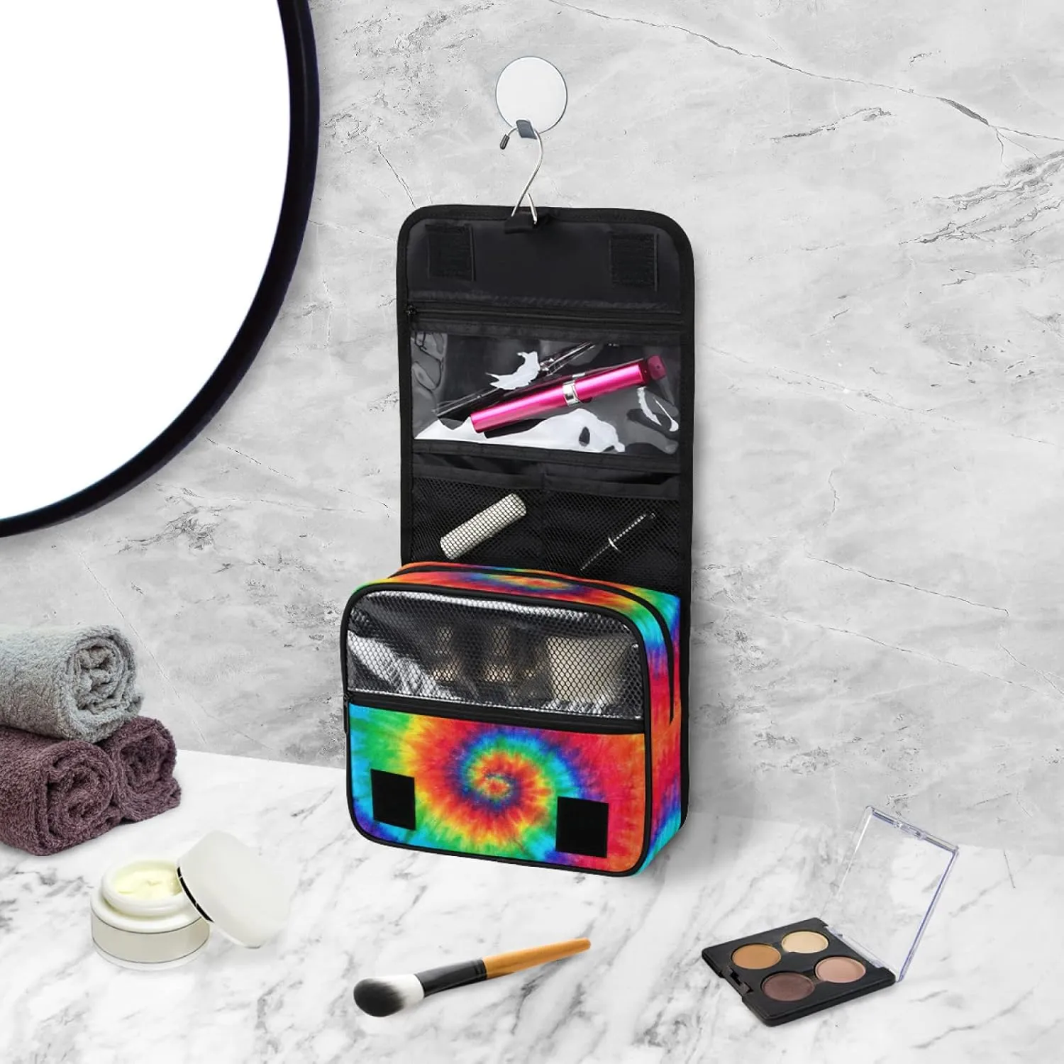 Hanging Toiletry Bag for Women, Rainbow Swirl Tie Dye Makeup Bag, Cosmetic Bag, Travel Essentials for Women Men