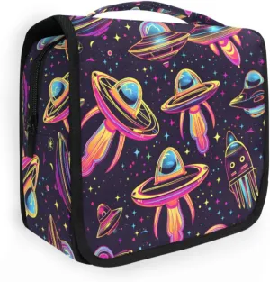 Hanging Toiletry Bag Neon Alien Spacecraft Travel Makeup bag for Toiletries Portable Travel Toiletry Organizer Cosmetic Bags with Hanging Hook