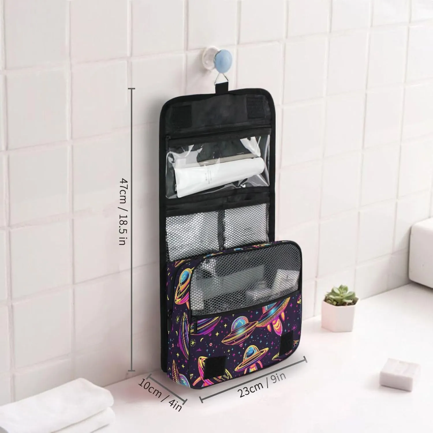 Hanging Toiletry Bag Neon Alien Spacecraft Travel Makeup bag for Toiletries Portable Travel Toiletry Organizer Cosmetic Bags with Hanging Hook