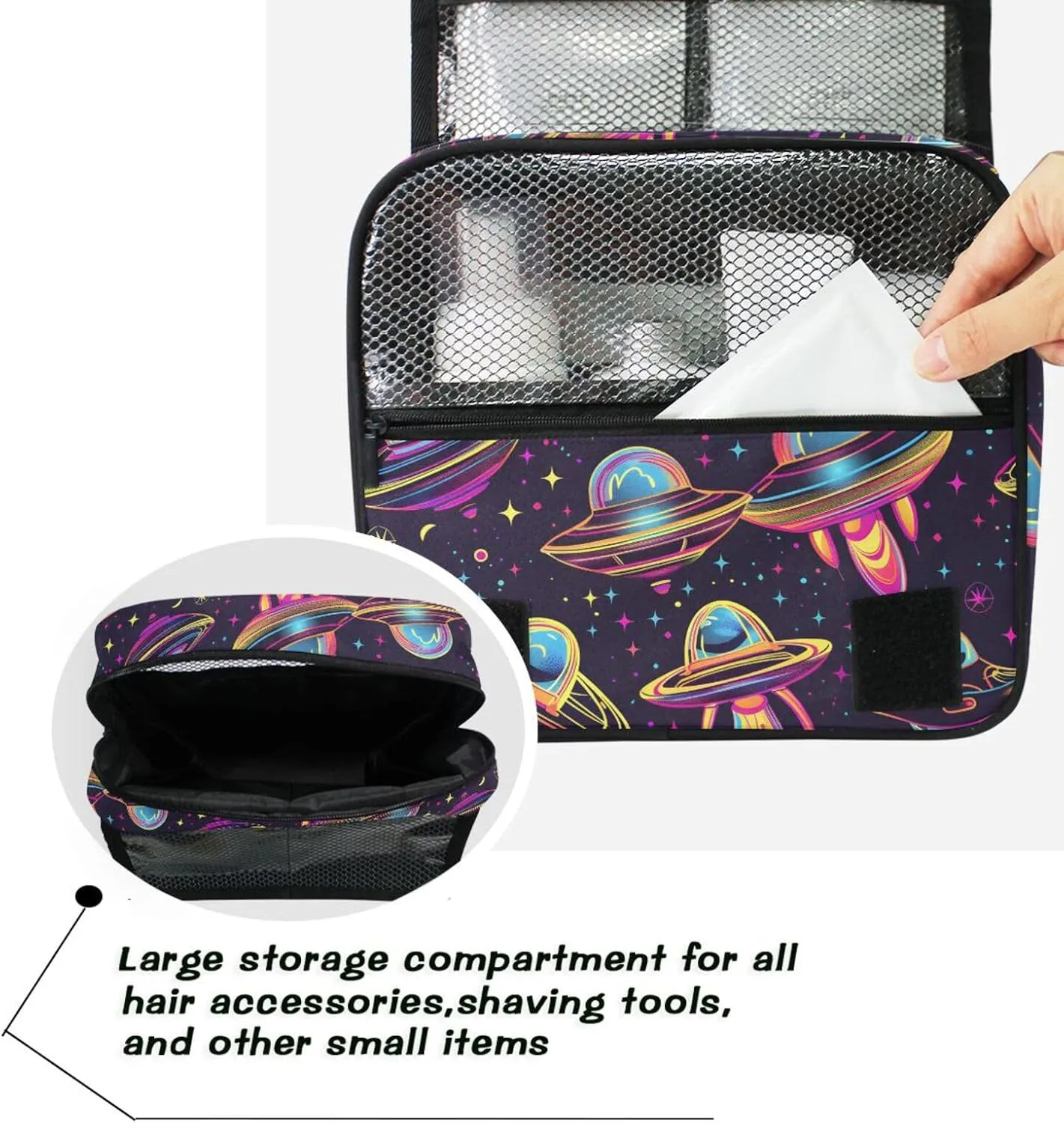 Hanging Toiletry Bag Neon Alien Spacecraft Travel Makeup bag for Toiletries Portable Travel Toiletry Organizer Cosmetic Bags with Hanging Hook