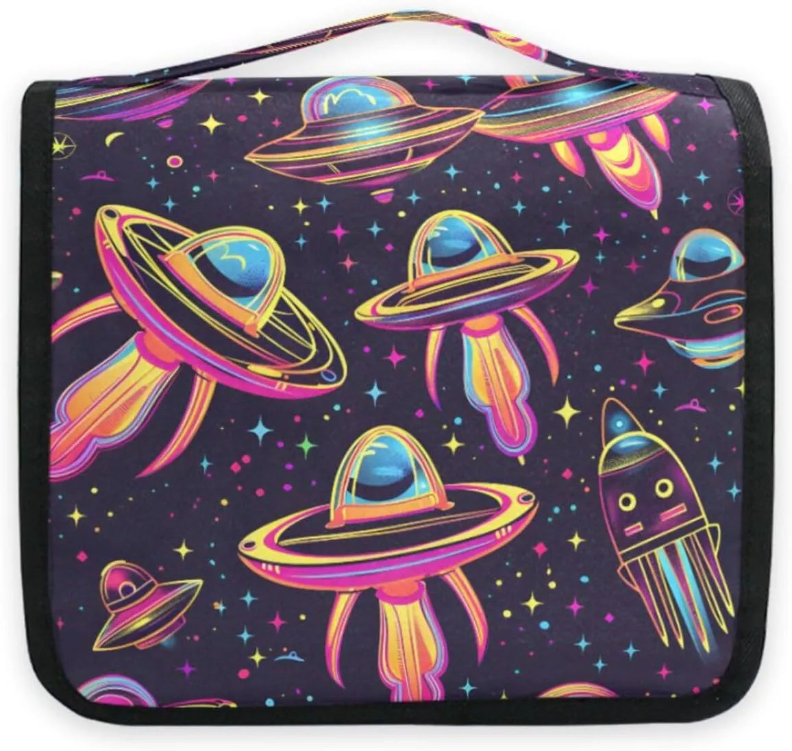 Hanging Toiletry Bag Neon Alien Spacecraft Travel Makeup bag for Toiletries Portable Travel Toiletry Organizer Cosmetic Bags with Hanging Hook