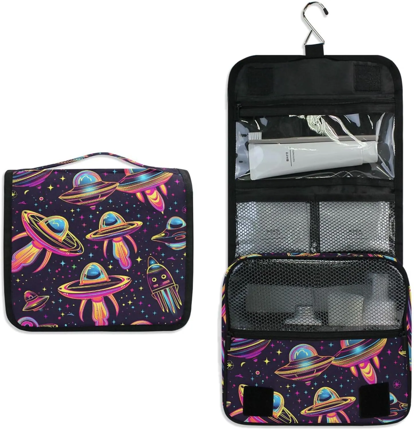 Hanging Toiletry Bag Neon Alien Spacecraft Travel Makeup bag for Toiletries Portable Travel Toiletry Organizer Cosmetic Bags with Hanging Hook
