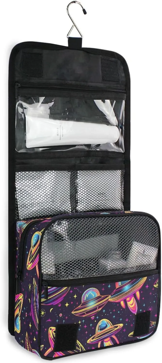 Hanging Toiletry Bag Neon Alien Spacecraft Travel Makeup bag for Toiletries Portable Travel Toiletry Organizer Cosmetic Bags with Hanging Hook