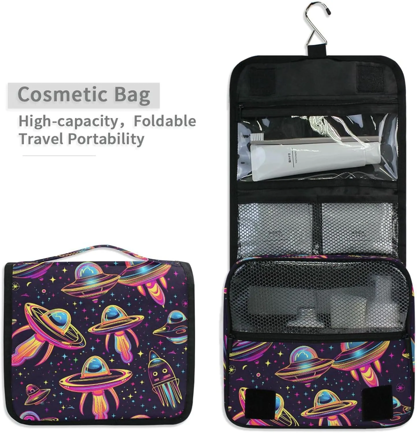 Hanging Toiletry Bag Neon Alien Spacecraft Travel Makeup bag for Toiletries Portable Travel Toiletry Organizer Cosmetic Bags with Hanging Hook