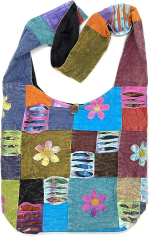 Happy Flowers Razor Cut Hippie Patchwork Sling Crossbody Boho Handbag Bohemian Purse