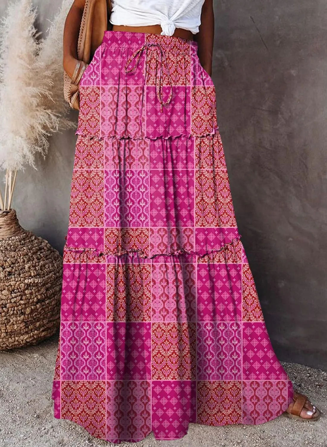 Happy Sailed Womens Floral Print Boho Maxi Skirt Elastic High Waist Pleated Ruffle Flowy Long Skirts S-XL