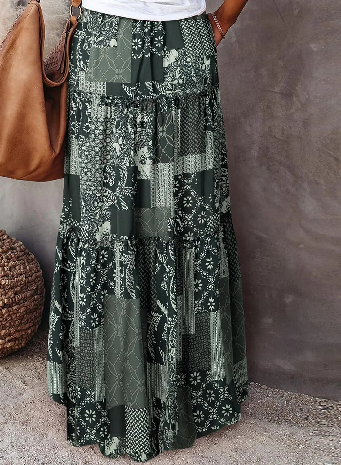 Happy Sailed Womens Floral Print Boho Maxi Skirt Elastic High Waist Pleated Ruffle Flowy Long Skirts S-XL