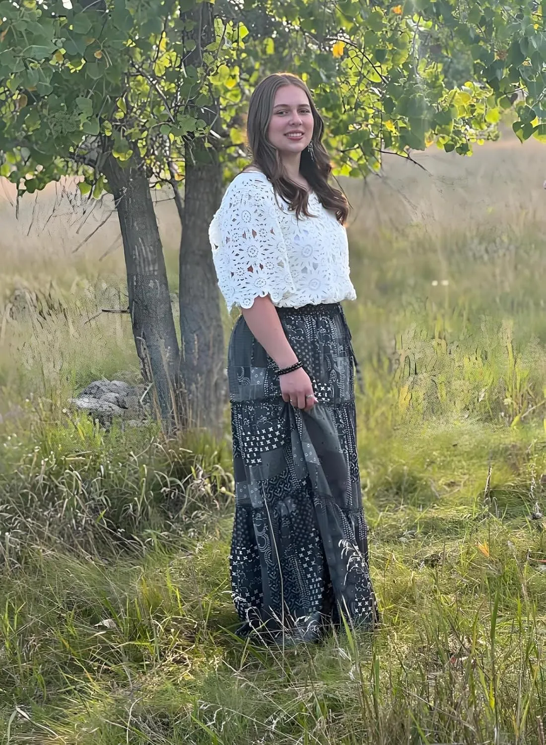 Happy Sailed Womens Floral Print Boho Maxi Skirt Elastic High Waist Pleated Ruffle Flowy Long Skirts S-XL