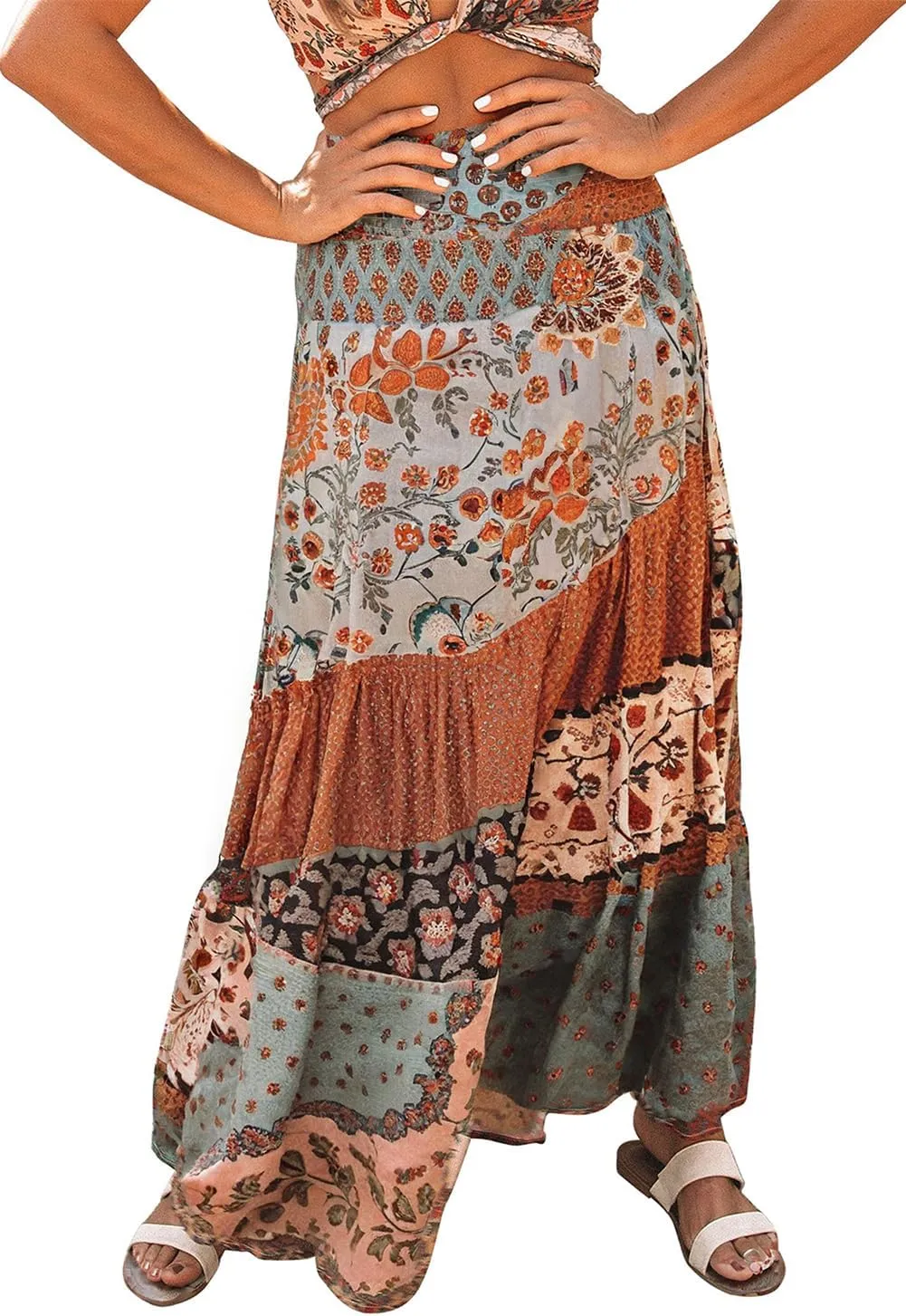 Happy Sailed Womens Floral Print Boho Maxi Skirt Elastic High Waist Pleated Ruffle Flowy Long Skirts S-XL