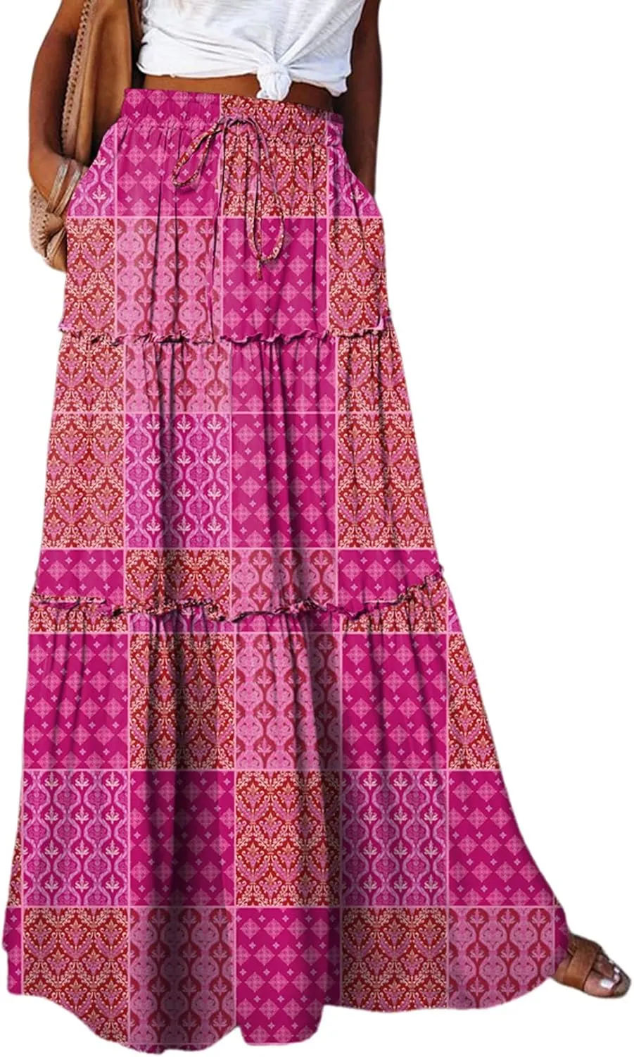 Happy Sailed Womens Floral Print Boho Maxi Skirt Elastic High Waist Pleated Ruffle Flowy Long Skirts S-XL