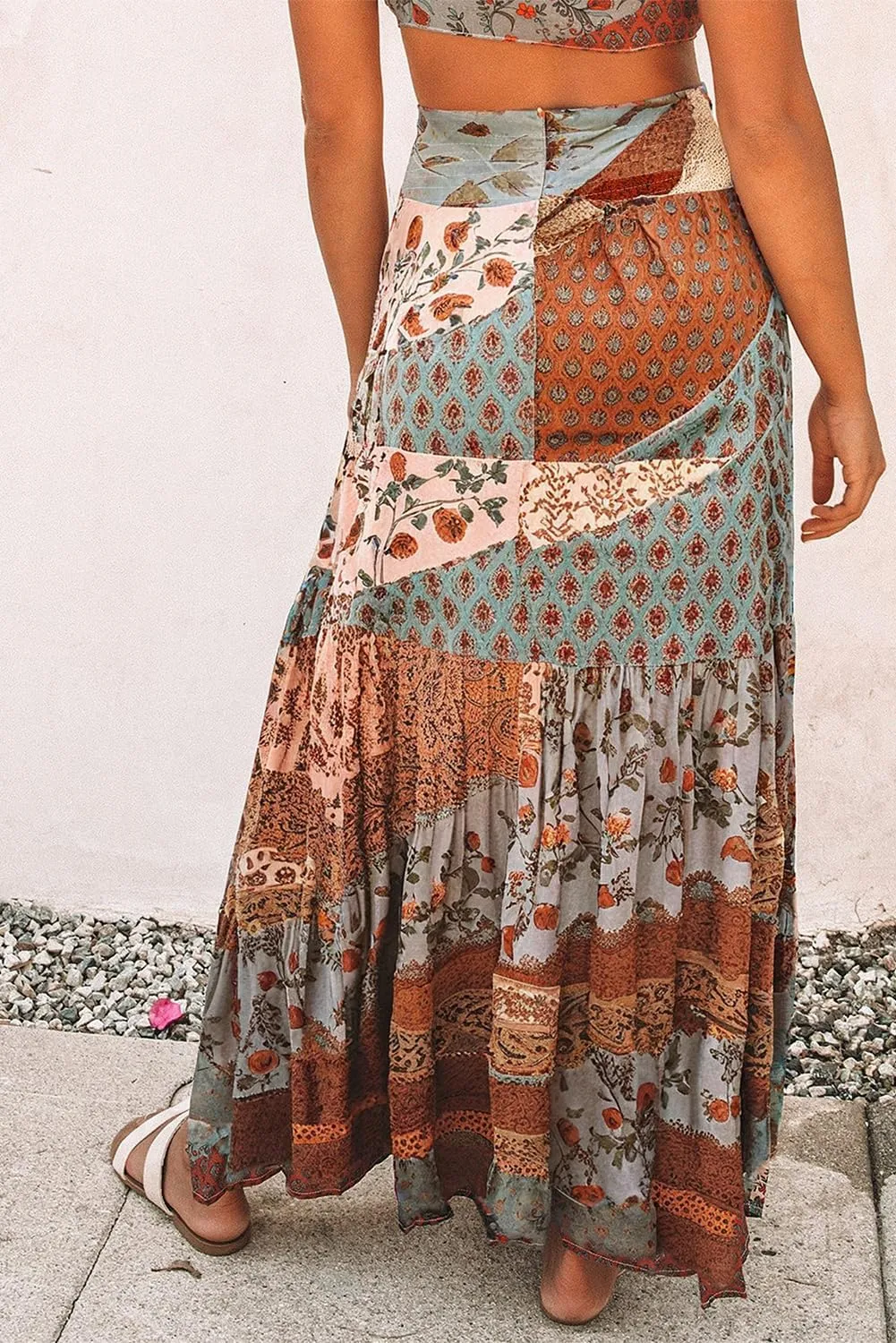 Happy Sailed Womens Floral Print Boho Maxi Skirt Elastic High Waist Pleated Ruffle Flowy Long Skirts S-XL