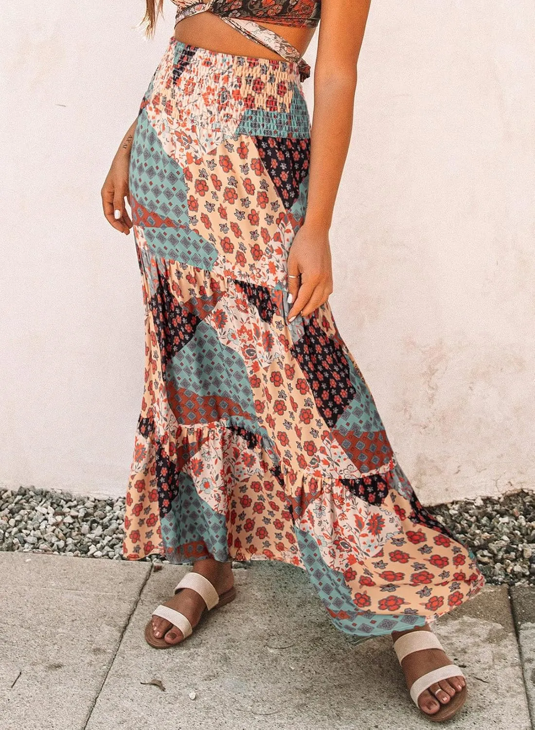 Happy Sailed Womens Floral Print Boho Maxi Skirt Elastic High Waist Pleated Ruffle Flowy Long Skirts S-XL