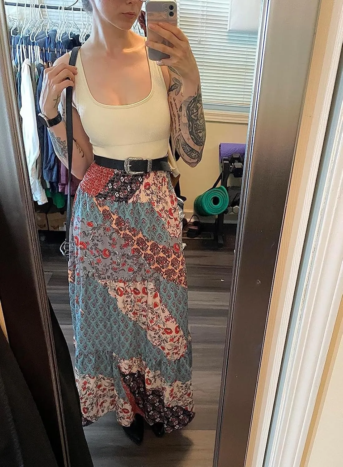 Happy Sailed Womens Floral Print Boho Maxi Skirt Elastic High Waist Pleated Ruffle Flowy Long Skirts S-XL