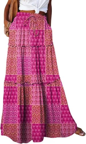 Happy Sailed Womens Floral Print Boho Maxi Skirt Elastic High Waist Pleated Ruffle Flowy Long Skirts S-XL