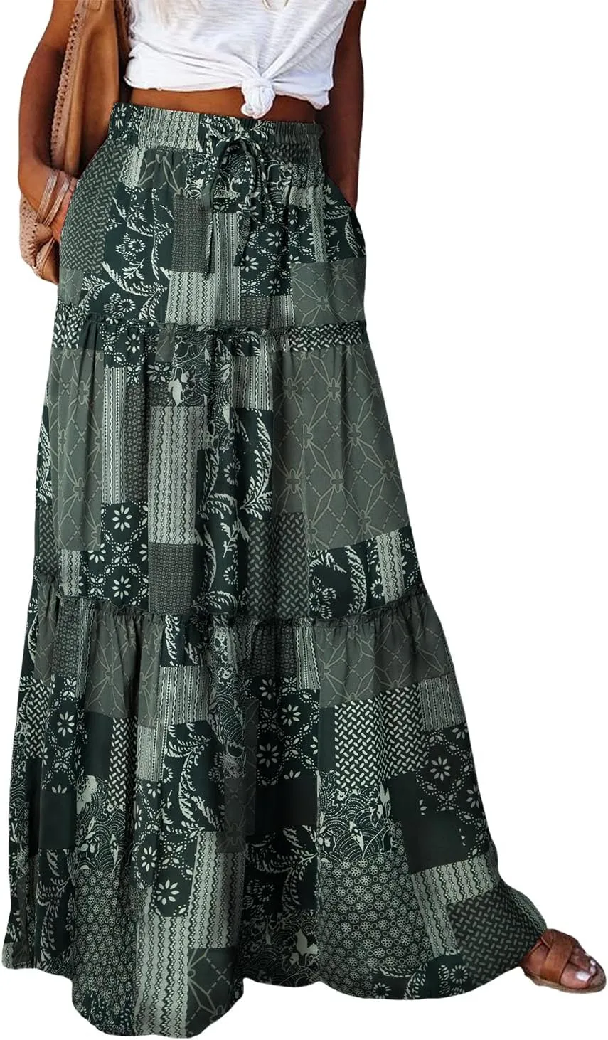 Happy Sailed Womens Floral Print Boho Maxi Skirt Elastic High Waist Pleated Ruffle Flowy Long Skirts S-XL