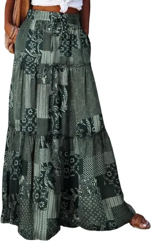 Happy Sailed Womens Floral Print Boho Maxi Skirt Elastic High Waist Pleated Ruffle Flowy Long Skirts S-XL