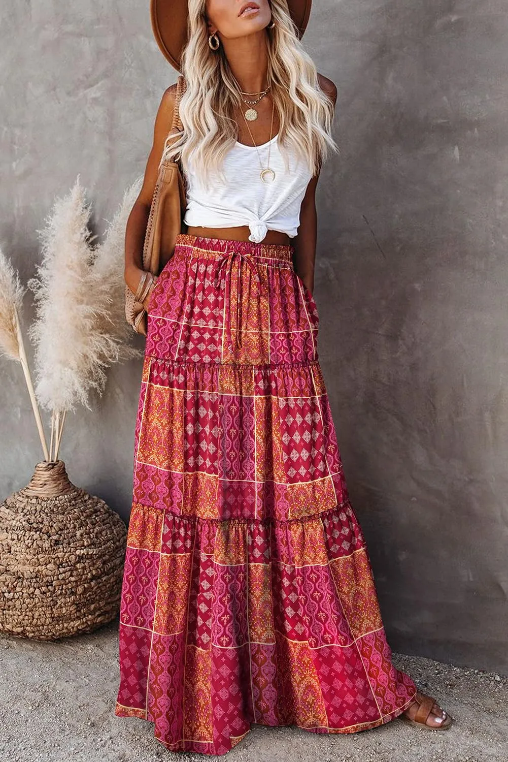 Happy Sailed Womens Floral Print Boho Maxi Skirt Elastic High Waist Pleated Ruffle Flowy Long Skirts S-XL