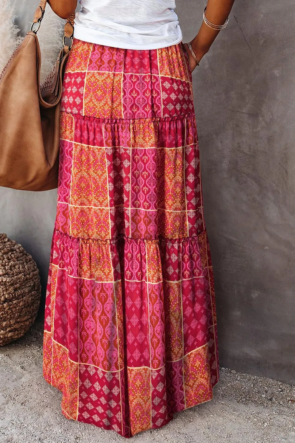Happy Sailed Womens Floral Print Boho Maxi Skirt Elastic High Waist Pleated Ruffle Flowy Long Skirts S-XL