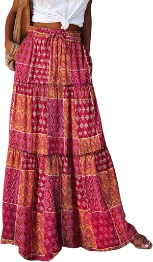 Happy Sailed Womens Floral Print Boho Maxi Skirt Elastic High Waist Pleated Ruffle Flowy Long Skirts S-XL