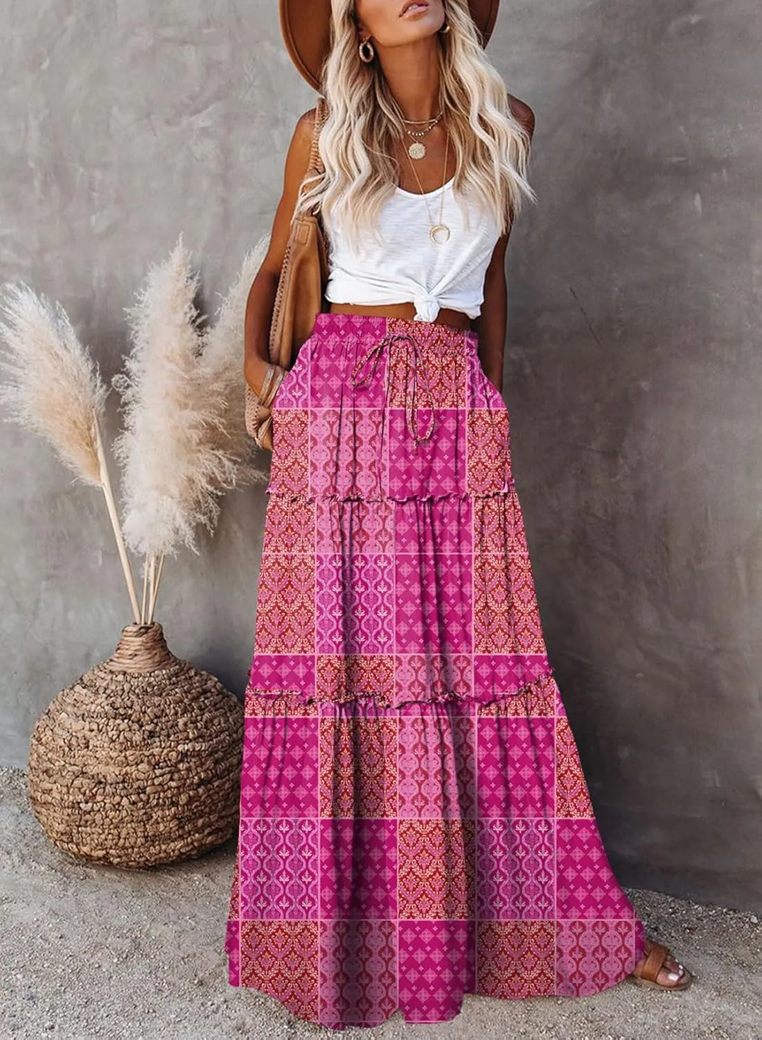 Happy Sailed Womens Floral Print Boho Maxi Skirt Elastic High Waist Pleated Ruffle Flowy Long Skirts S-XL