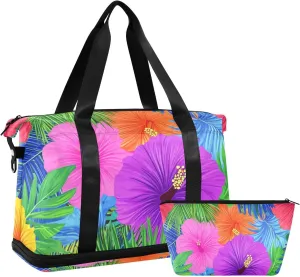 Hawaiian Style Tropical Flowers Palm Leaves Bright Neon Colors Travel Duffel Bags Carry On Weekend Bag with Adjustable Strap for Hiking Multifunctional