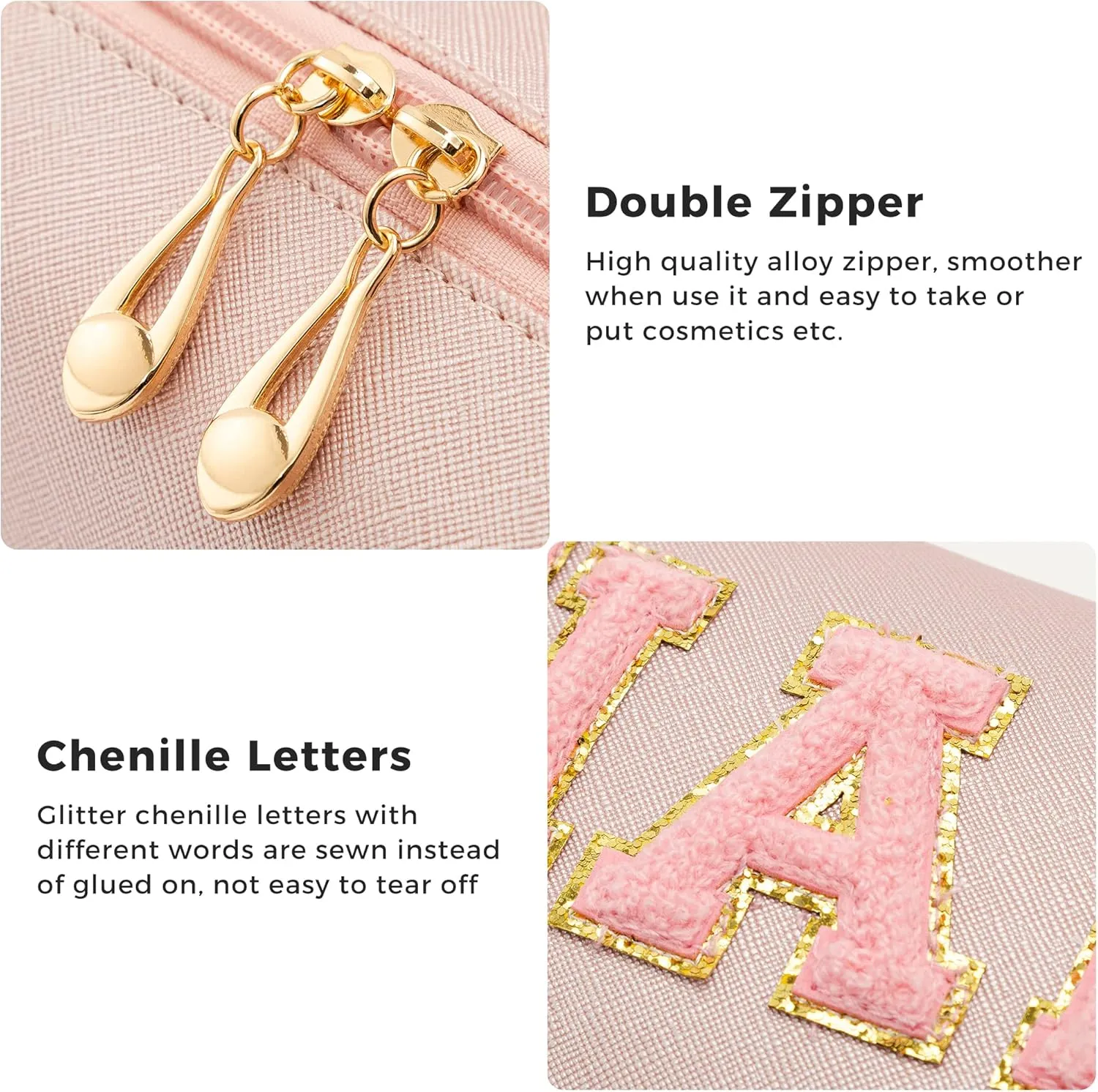 HBselect 4 Pcs Chenille Letter Patch Makeup Bags - Portable Waterproof Cosmetic Organizer for Women