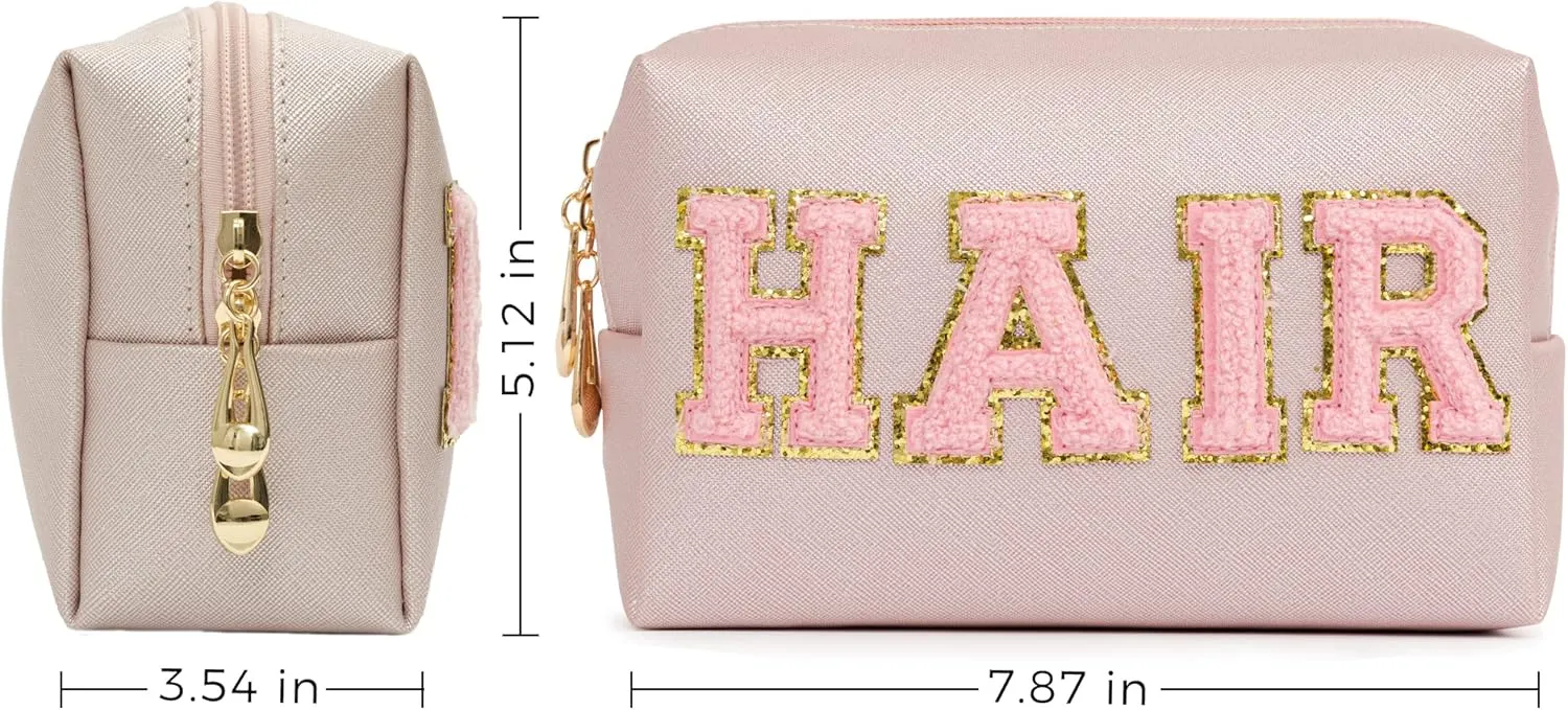 HBselect 4 Pcs Chenille Letter Patch Makeup Bags - Portable Waterproof Cosmetic Organizer for Women