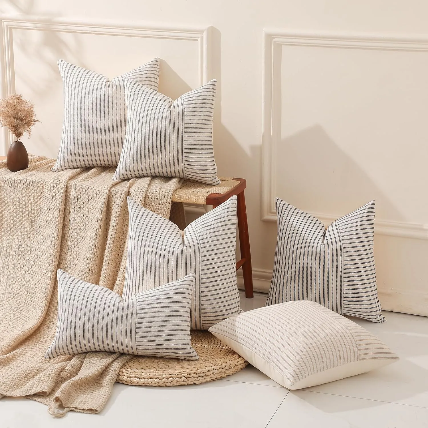 Hckot Black and Beige Patchwork Farmhouse Throw Pillows Covers 18 x 18 Inch, Pack of 2 Striped Decorative Pillow Case for Sofa Couch Bed Chair Modern Boho Decor(Black)