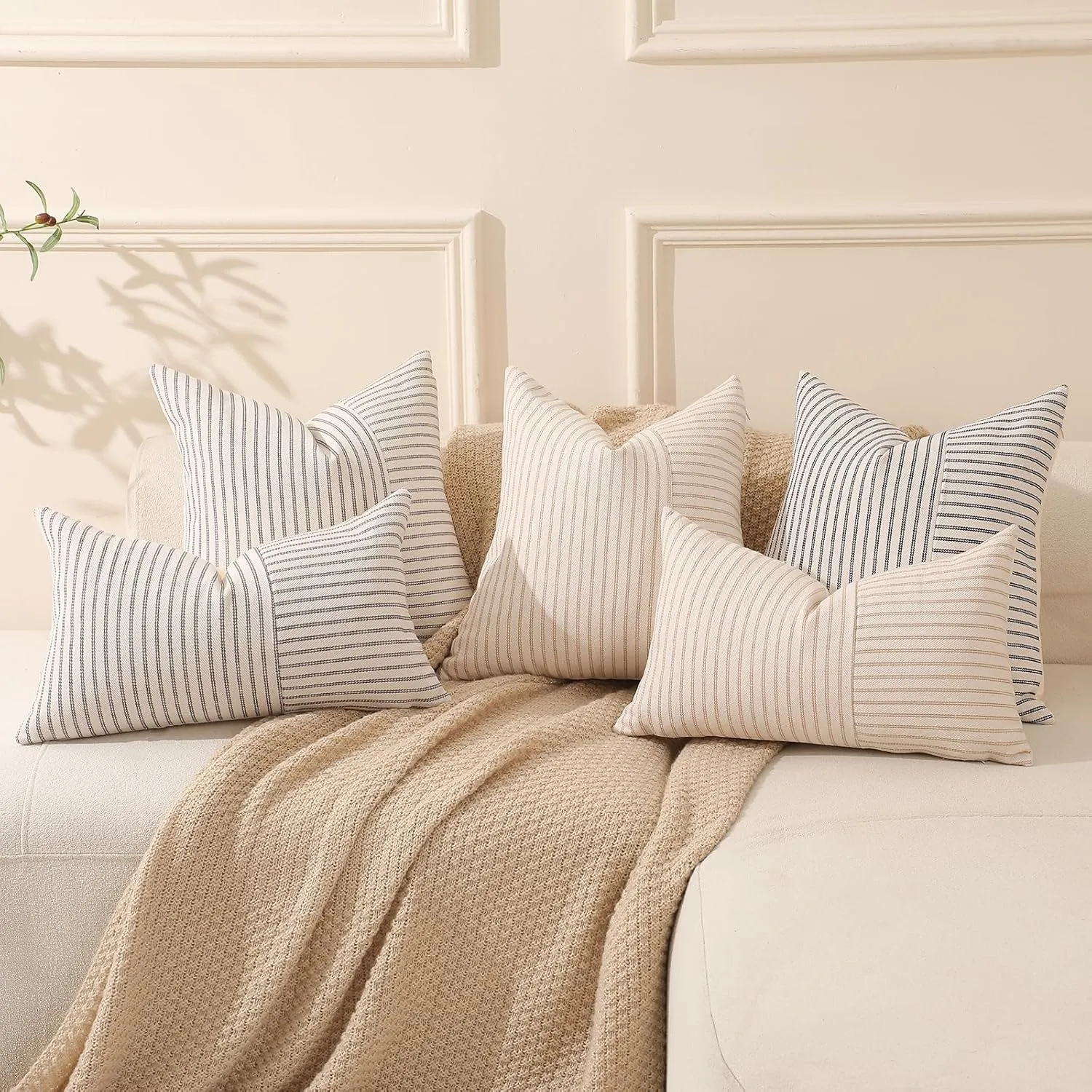 Hckot Black and Beige Patchwork Farmhouse Throw Pillows Covers 18 x 18 Inch, Pack of 2 Striped Decorative Pillow Case for Sofa Couch Bed Chair Modern Boho Decor(Black)