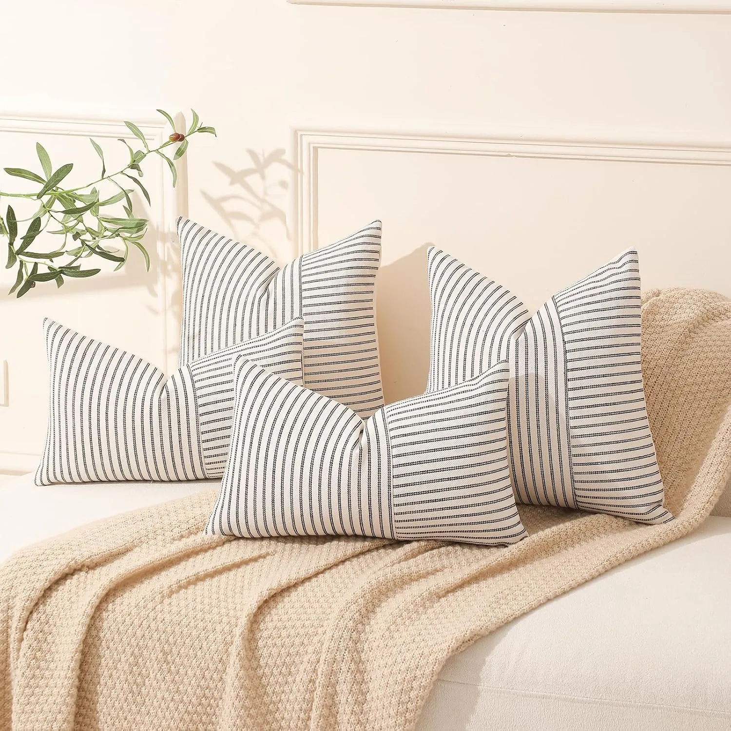 Hckot Black and Beige Patchwork Farmhouse Throw Pillows Covers 18 x 18 Inch, Pack of 2 Striped Decorative Pillow Case for Sofa Couch Bed Chair Modern Boho Decor(Black)