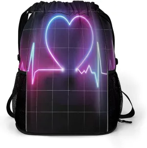 Heartbeat Cardiogram Neon Drawstring Gym Backpack Heart Rhythm Sports Travel Daypack Sackpack Pockets String Cinch Bag for Men & Women