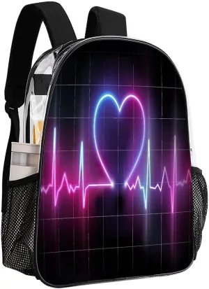 Heartbeat Cardiogram Neon Transparent Backpack Heart Rhythm PVC Waterproof Large Casual Daypack for College Workplace Travel Camping Women Men 43x32x13cm