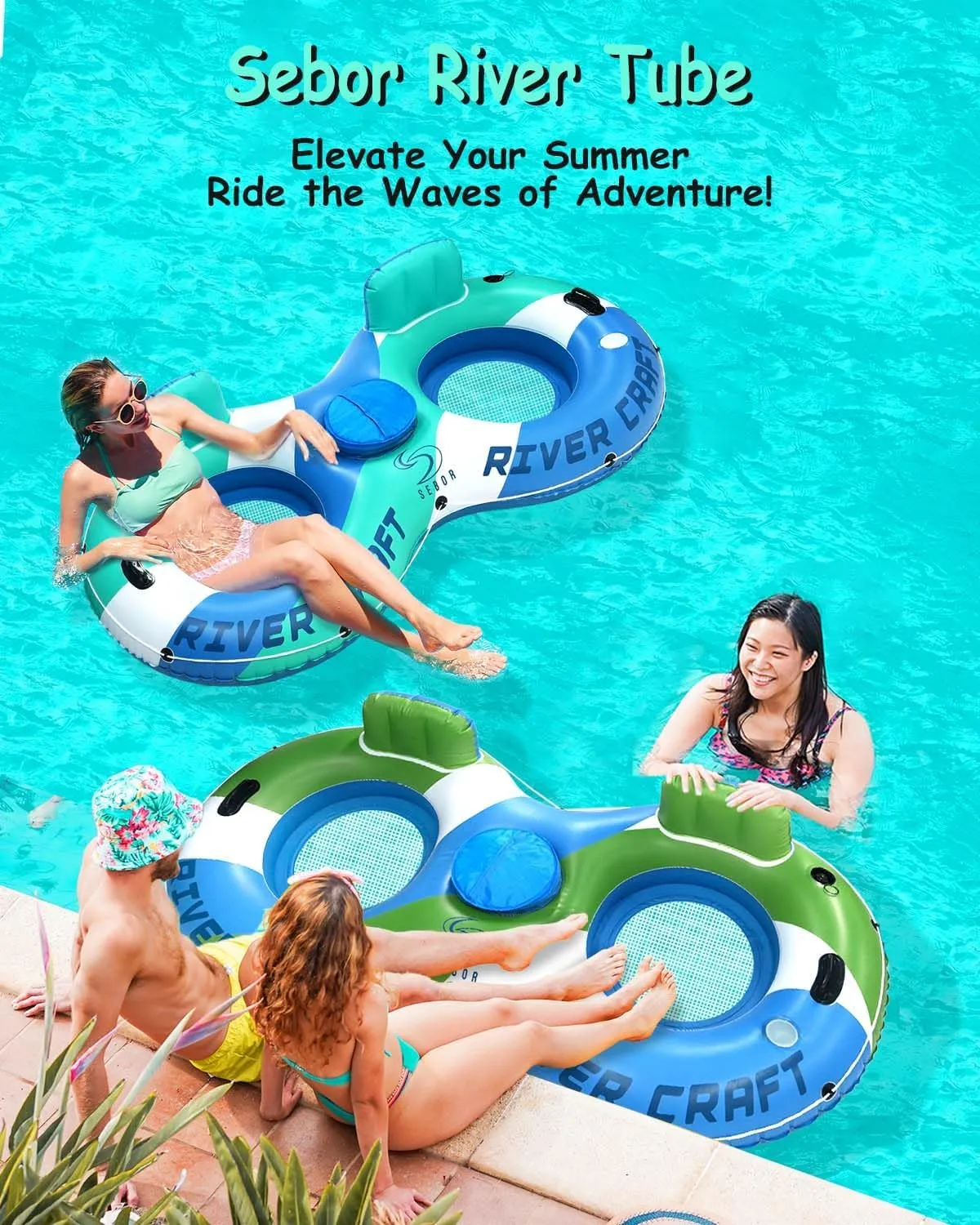 Heavy Duty River Tube, Inflatable Floating Tube with Backrests, Cupholders & Handles - Extra Large, Deluxe Pool Tube for Summer Relaxation