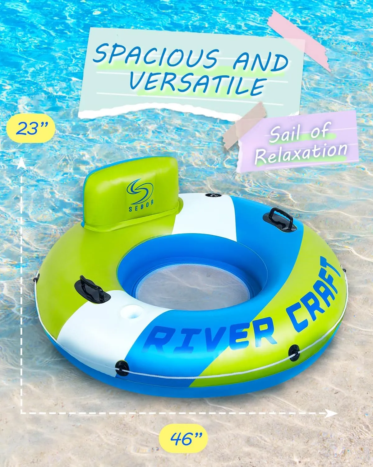 Heavy Duty River Tube, Inflatable Floating Tube with Backrests, Cupholders & Handles - Extra Large, Deluxe Pool Tube for Summer Relaxation